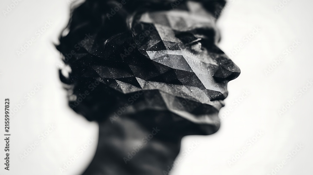 A stylized black and white profile of a human face with geometric, faceted textures creating a fragmented and abstract effect.
