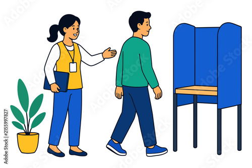 Fotografie A woman helping a man to cast a vote at a polling station booth illustration