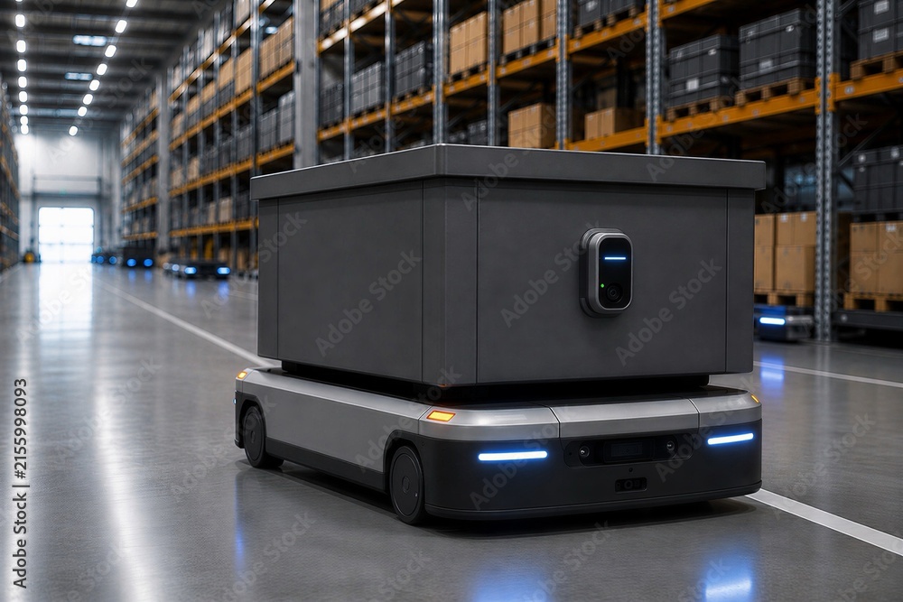 Naklejka premium An autonomous warehouse robot for cargo transportation, a concept for intelligent automation and increased logistics efficiency, and an advanced robotic vehicle operating between industrial racks
