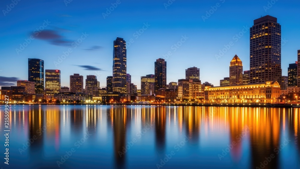 Naklejka premium Illuminated city skyline reflecting in calm river at night.