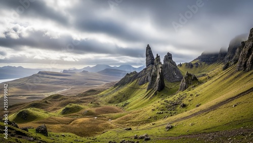 Rugged mountain peaks of Old Man of Storr Scotland