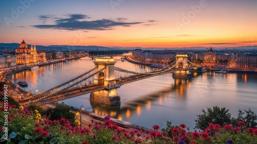 Szechenyi Chain Bridge at sunset in Budapest, Hungary.