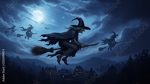 Witches flying on broomsticks across a full moon night.