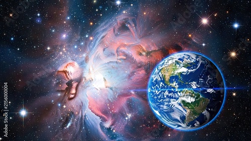 Planet Earth floating in vibrant cosmic nebula space background.
