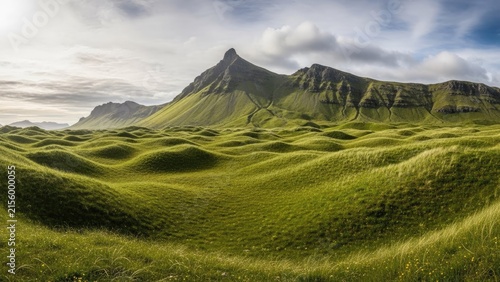 Rolling green hills with distant mountain peak under clouds.