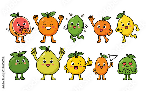 Obraz na płótnie Hand-drawn cartoon fruit characters with faces and arms waving in a cheerful lin