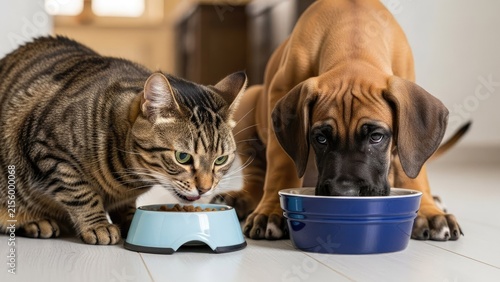 Tabby cat and puppy eating from bowls side by side.
