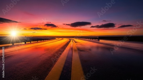 Wet asphalt highway stretching toward a vibrant sunset.
