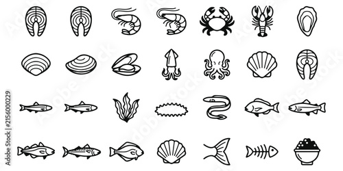 Set of hand drawn seafood icons featuring various fish shellfish crustaceans and marine life on white background