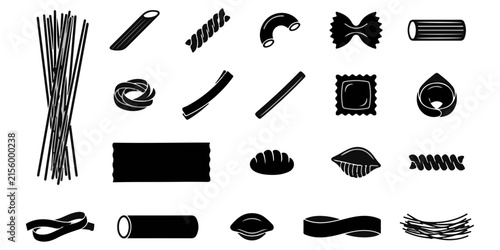 Set of various types of italian pasta shapes illustrated as black icons on a white background