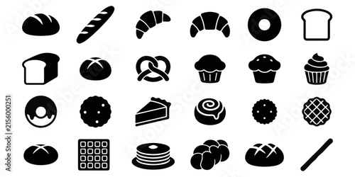 Set of black and white bakery and pastry icons featuring various breads cakes and sweet treats