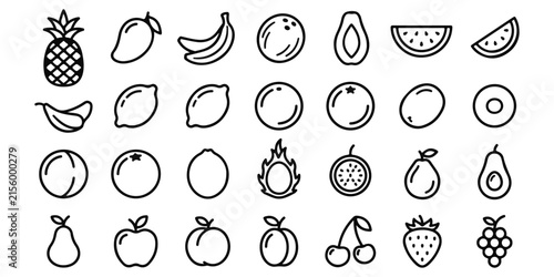 Set of various fresh fruit icons in a simple black and white line art doodle style