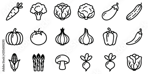 Set of various fresh vegetable line icons representing healthy food ingredients for cooking and organic nutrition concepts