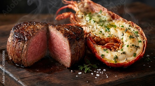 Delicious beef steak and grilled lobster tail served on a dark rustic stone plate. lobster tail and steak