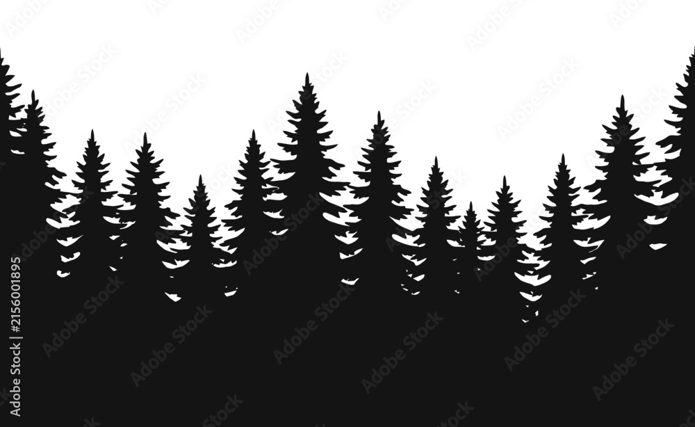Obraz premium Fir tree forest silhouette vector. Dense evergreen woodland landscape with layered conifers for nature backgrounds, outdoor scenes and decorative design