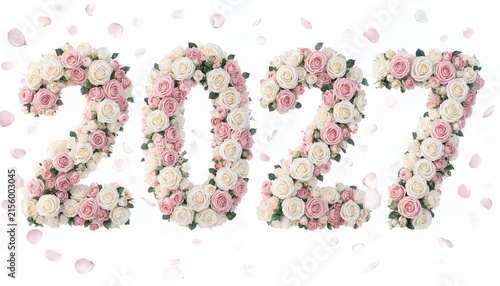 Floral 2027 number design with roses on white background clean composition