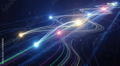 Colorful glowing energy trails flowing through dark space.