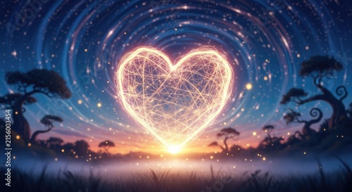 Glowing heart shape in ethereal fantasy landscape.