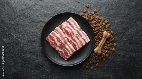 Raw pork belly slices on a black plate with dog food kibble and a chew bone