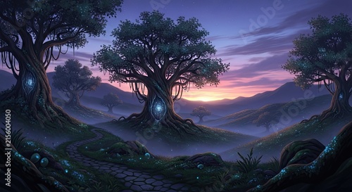 Ancient glowing tree in mystical fantasy landscape at dusk.