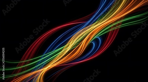 Abstract rainbow light waves flowing on black background for digital technology design