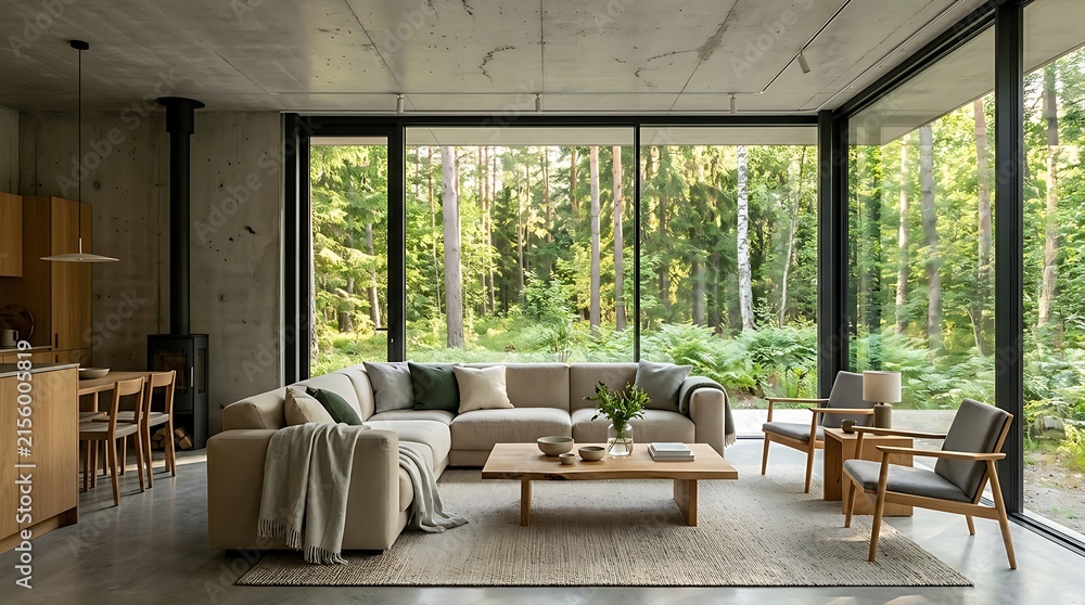 Fototapeta premium Modern Minimalist Living Room Interior with Floor to Ceiling Glass Windows Overlooking Lush Green Forest, Luxury Japandi Style Home Design with Concrete Walls and Wooden Furniture