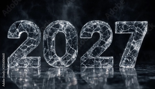 Icy crystal 2027 number glowing on dark reflective surface New Year concept