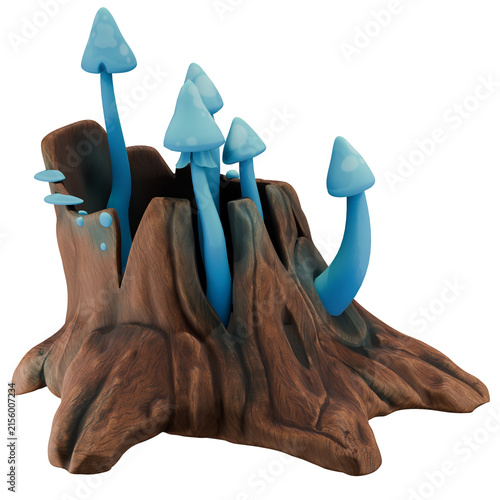 Fantasy Tree Stump with Blue Mushrooms and Enchanted Woodland Style