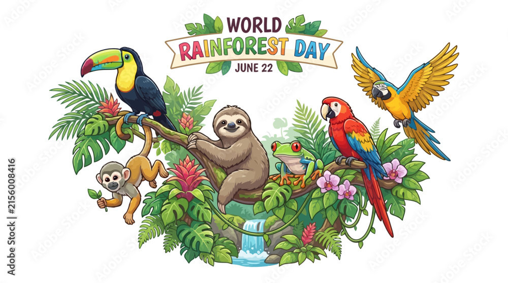 Obraz premium Vibrant Cartoon Tropical Rainforest Animals Celebrating World Rainforest Day Illustration