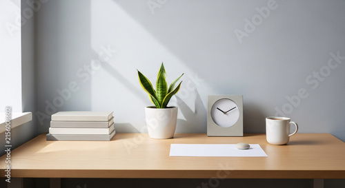 Minimalist Modern Workspace Mockup with Blank Paper, Snake Plant, Books, and Coffee on Wooden Desk