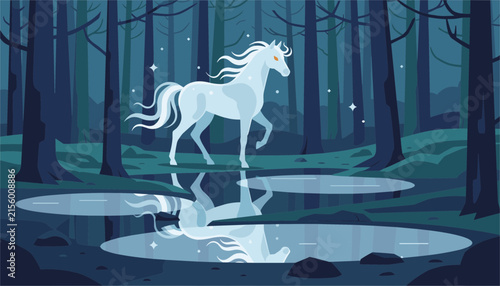 Magical white horse or unicorn with a glowing mane stands by a mirror-like pond in a dark mystical forest with floating sparks and lights.