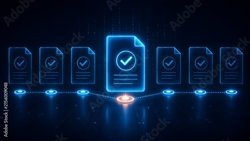 Glowing digital document with checkmark linked to a chain of smaller files representing secure electronic workflow blockchain ledger and batch processing.