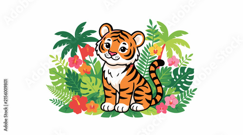 Cute Cartoon Tiger Cub Sitting Happily in Vibrant Tropical Jungle Flora