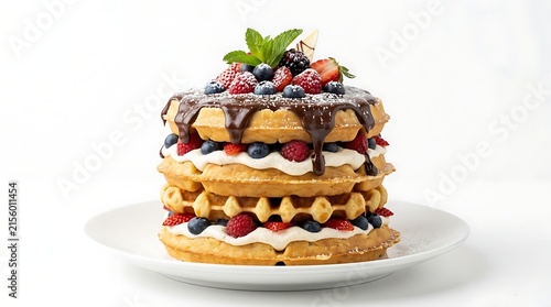 Stack of Belgian waffles with chocolate sauce, whipped cream and fresh mixed berries
