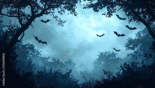 Spooky dark forest with bat silhouettes flying in foggy night sky framed by trees