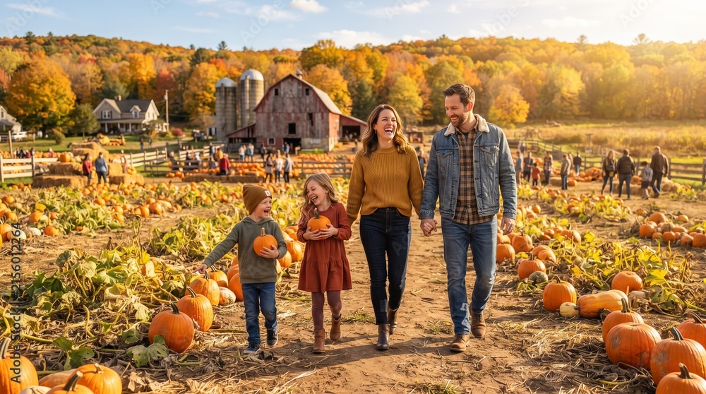 Fototapeta premium Happy Family Picking Pumpkins at Autumn Farm