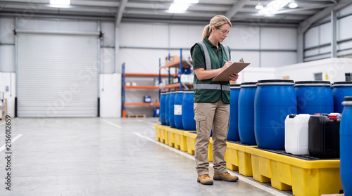 Woman checking inventory in warehouse with blue barrels and clipboard