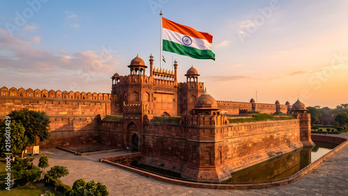 Historic red fort illuminated at warm sunset with Indian tricolor flag flying proudly