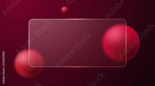 Glassmorphism frosted glass panel on dark red background, translucent acrylic frame with floating 3D spheres, elegant tech display mockup