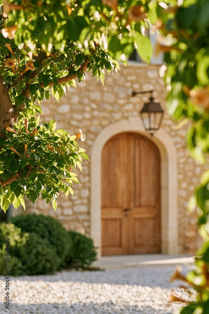 Fototapeta premium Wooden door framed by lush green foliage and a stone wall, with a lantern hanging above, creating a serene entrance to a rustic home