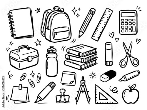Hand drawn doodle school supplies set including backpack, books, calculator, and stationery items