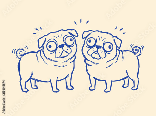 Canvas Print Cute blue line art illustration of two funny pug dogs standing facing each other