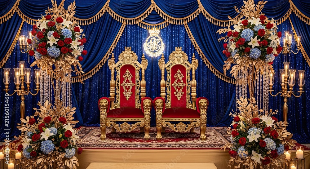 Fototapeta premium Royal Throne Room with Red Velvet Chairs and Blue Drapery
