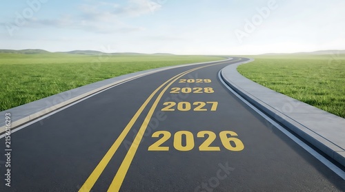 Road to success with futuristic 2026 milestone marker on highway.