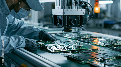 Electronics factory machine vision inspection of printed circuit boards, overhead inspection camera mounted above conveyor, technician in ESD-safe clothing checking one rejected