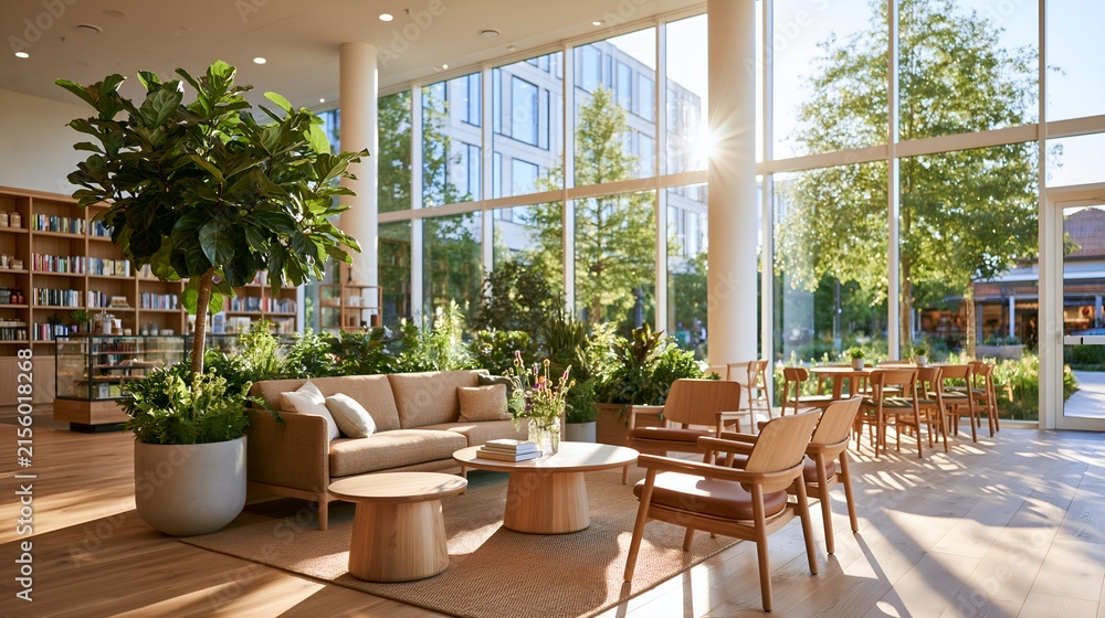 Fototapeta premium Modern lounge with natural light and greenery