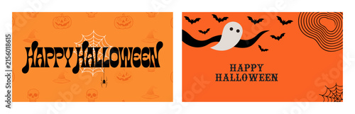 Happy halloween text with pumpkins, skulls, and spiderwebs on orange background, Halloween poster design