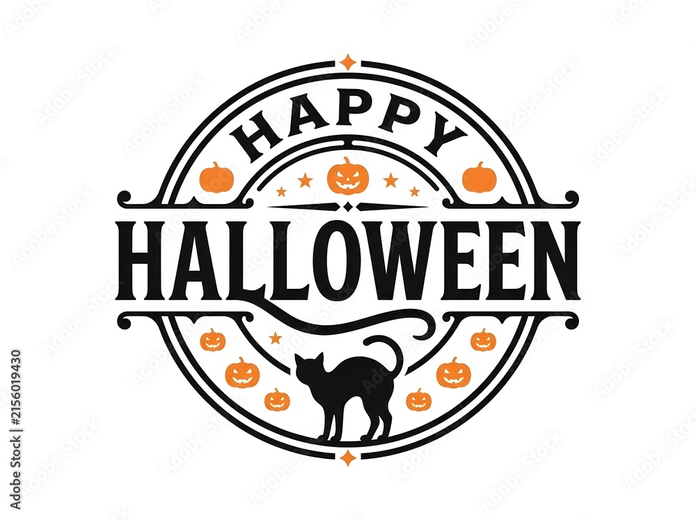 Obraz premium Vintage style happy halloween badge with black cat and pumpkin illustrations