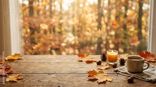 Autumn harvest breakfast table with maple leaves and warm morning sunlight glow