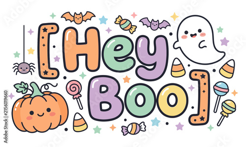 Happy Halloween Pumpkin and Ghost Cartoon Icons Set with Cute Animals, Colorful Decorations, Celebration Banners and Festive Holiday Card Design